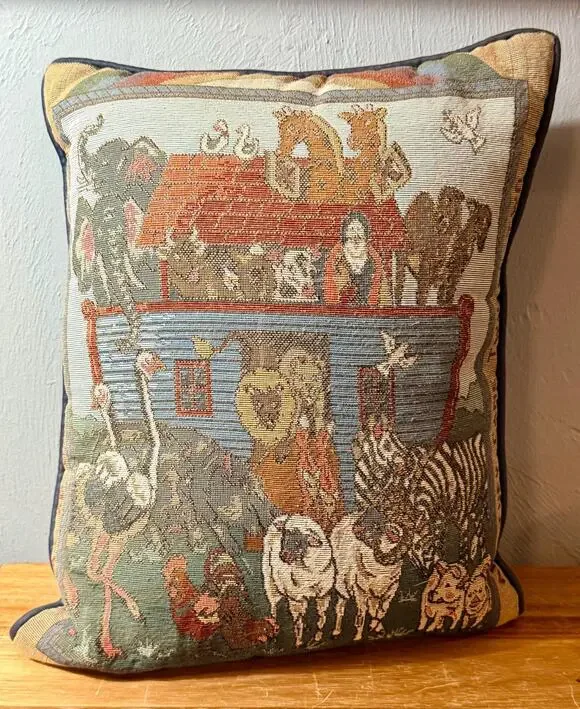 Vintage Noah's Ark Tapestry Pillow | Woven Animal Cushion, Folk Art Decor