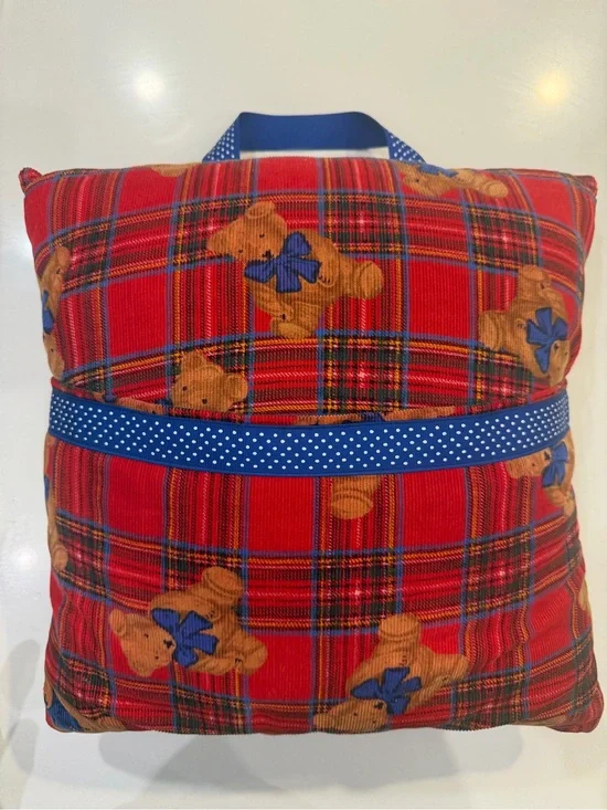 Red Plaid Teddy Bear Accent Pillow with Blue Ribbon Handle and Pocket