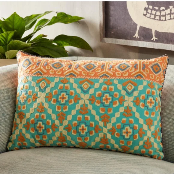NWT Sundance Handmade Antonio Cotton Orange & Teal Pillow