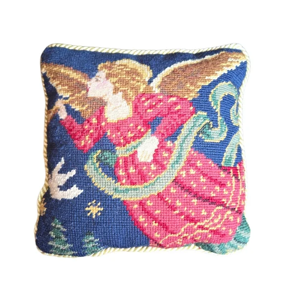 Vintage Angel Needlepoint Tapestry Velvet Backed Gold Braid Edged Pillow 10