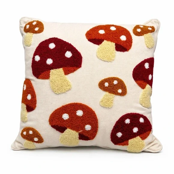Ashland‎ Mushroom Throw Pillow 16x16 Cream Red Tufted Embroidered NWT Goblincore