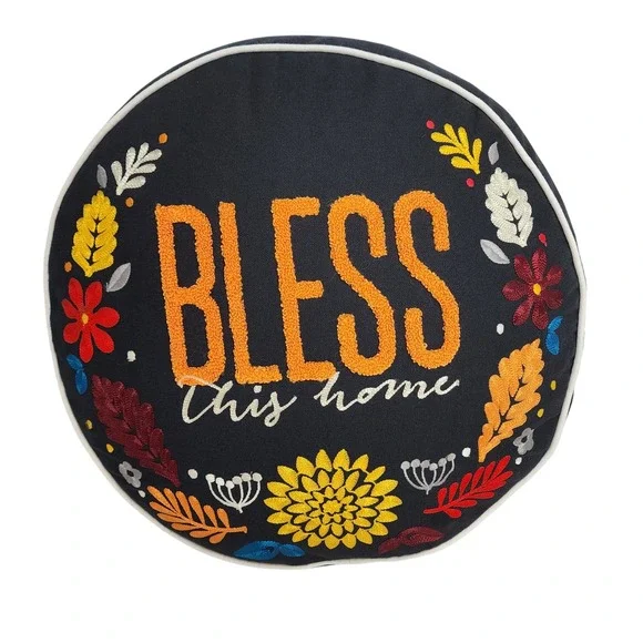 Bless This House Pillow Black Embroidered‎ Floral Round