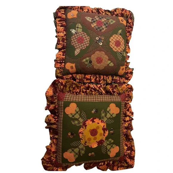 Two Handmade Ruffled‎ Patchwork appliquéd Throw Pillows Country Farmhouse Fall