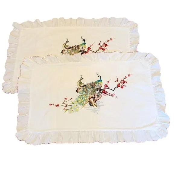 Vintage Set Of 2 Embroidered Peacock White Ruffles Pillow Cushion‎ Covers Boho