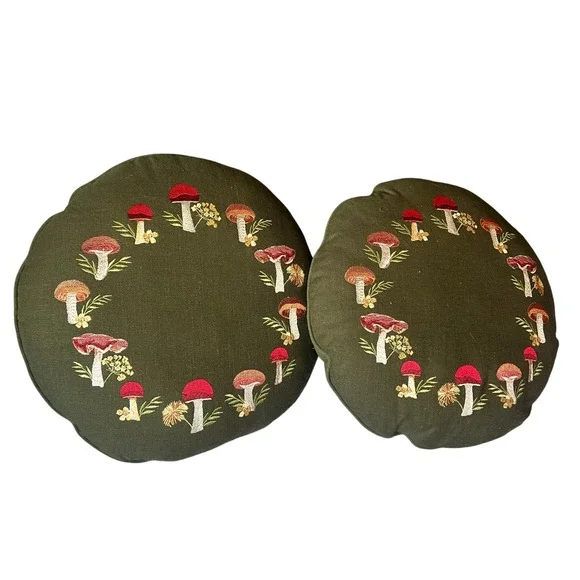 Mushroom Embroidered Round Throw Pillows Place & Time Olive Green Set of 2