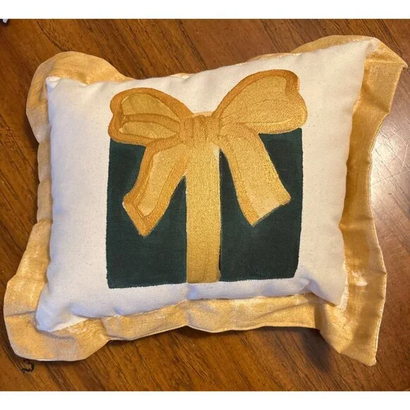Decorative Throw Pillow With Gold Ribbon Design & Glittered Ruffle‎ Trim