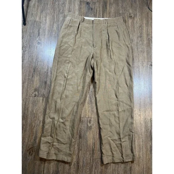 Vintage Polo Ralph Lauren Cuffed Pleated Trouser Pants Beige 100% Linen 36x30