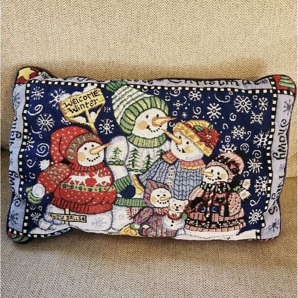 Holiday Tapestry Snowman Family Pillow Blue 12x18 Welcome Winter Decorative