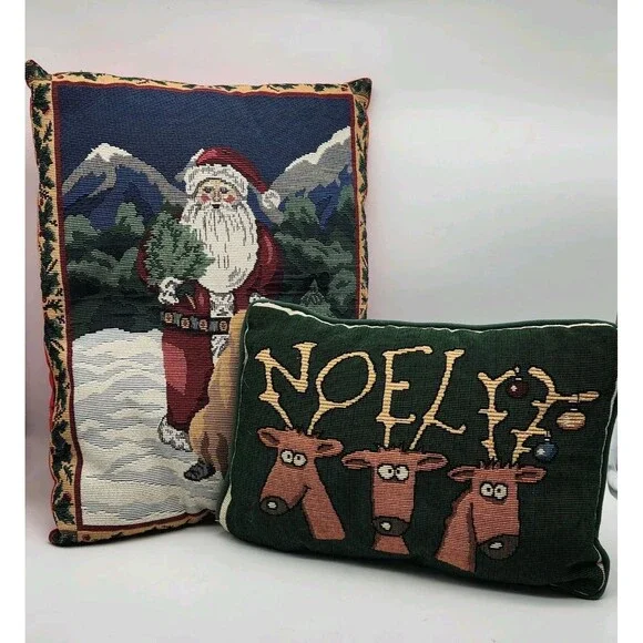 Holiday Tapestry Pillows (2) Santa Claus/Reindeer Vintage 12X9, 12X6