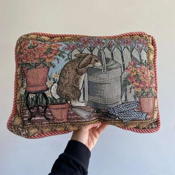 Vintage Bunny Rabbit Tapestry Accent Pillow 13 x 17 Pink Cord Edge Easter