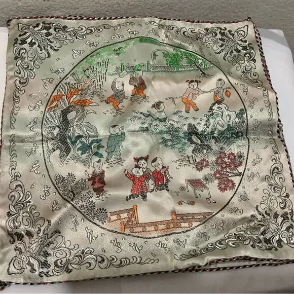 Chinese Satin / Silk Pillow Cover, Embroidered Floral, 17” X 17” Square, New