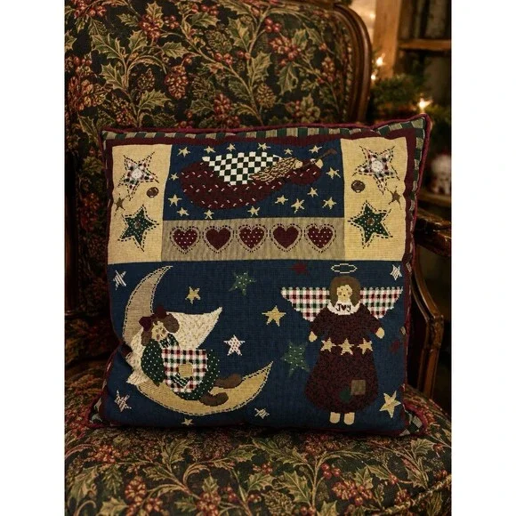 Vintage Christmas Tapestry Pillow Angels Moon Stars Folk Art Cottagecore Decor