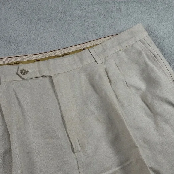 Tommy Bahama Dress Pants Mens Beige Linen Silk Pleated Herringbone 40x30