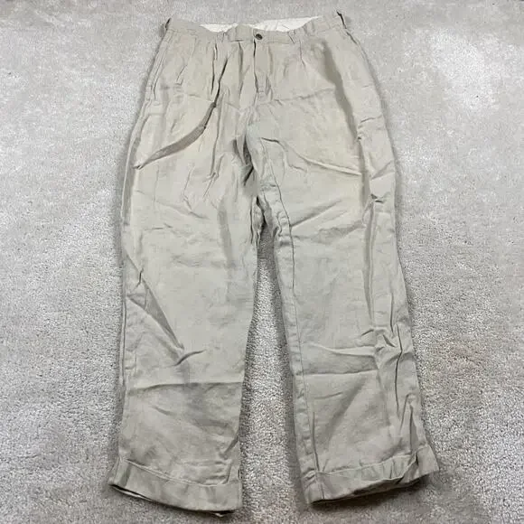 Brooks Brothers Pants Mens 35x30 Beige Irish Linen Pleated Dress Trousers Formal