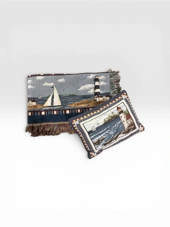 Nautical Lighthouse Tapestry Throw and Pillow - Blue, Gray, Brown