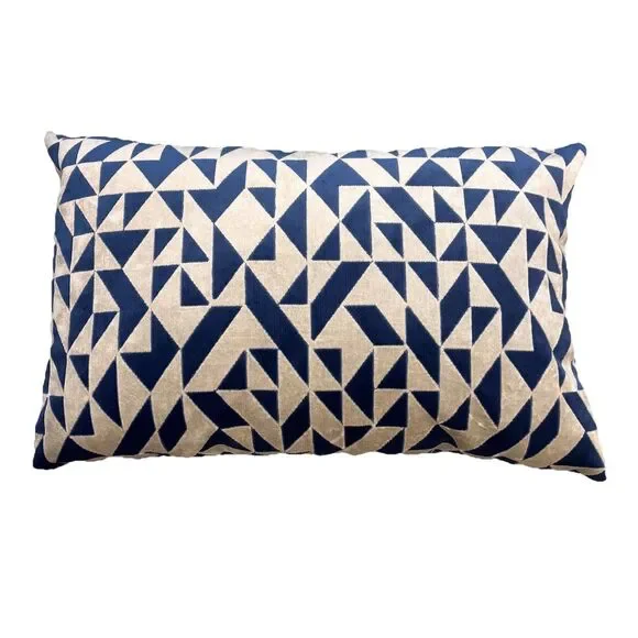 Blue White Geometric Velvet Throw Pillow Feather Filled 14x25 Lumbar Accent