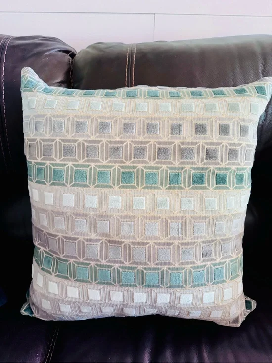 Decorative Geometric Accent Pillow cover in Teal and Beige - Fits 20x20 insert.