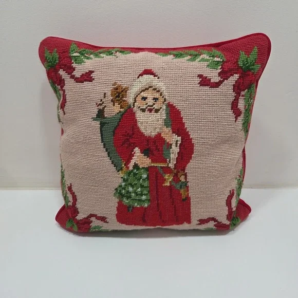 Vintage Needle Point Pillow Cover, Pillow, Santa, Red, Zip Back