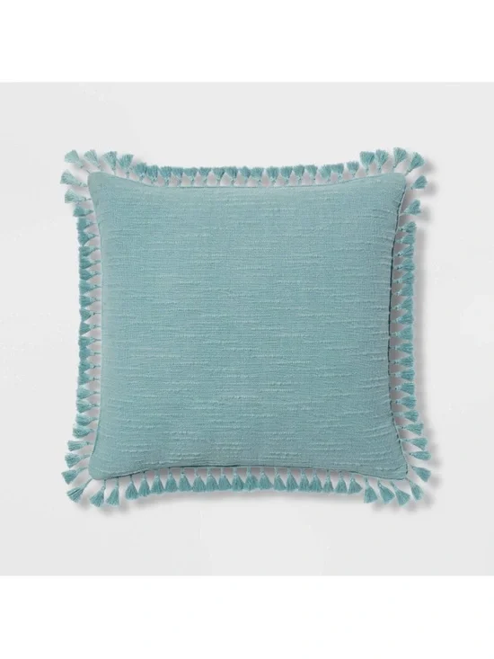 Threshold Euro Light Teal Blue Tassel Square Accent Pillow