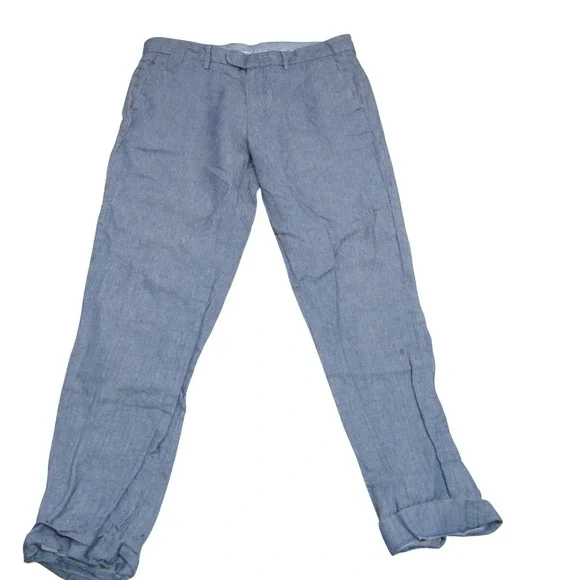 J.Crew Bowery Slim Baird McNutt Irish Linen Blue Herringbone Pants Mens 34x32