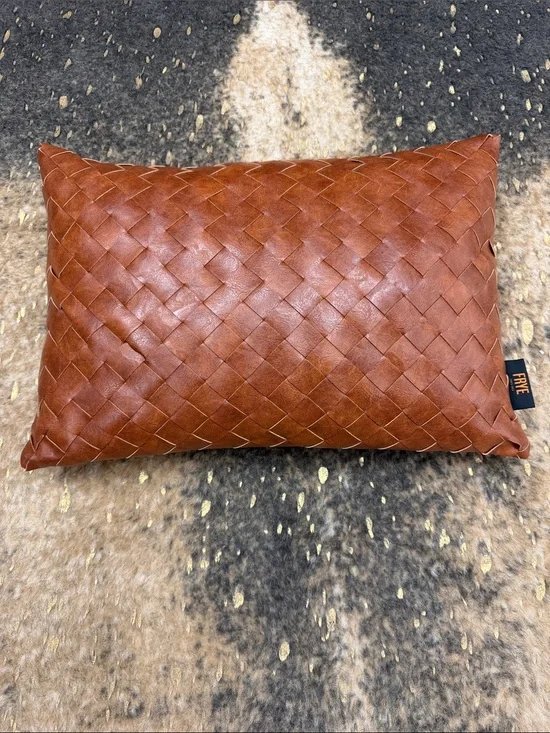 Frye Woven Leather Lumbar Pillow in Chestnut Brown