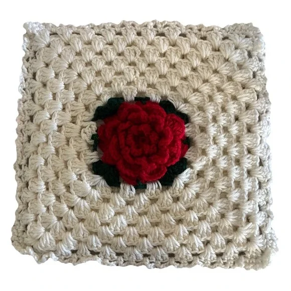 Vintage Pillow Case White Crochet Rose Appliqué Throw Pillow 14x14