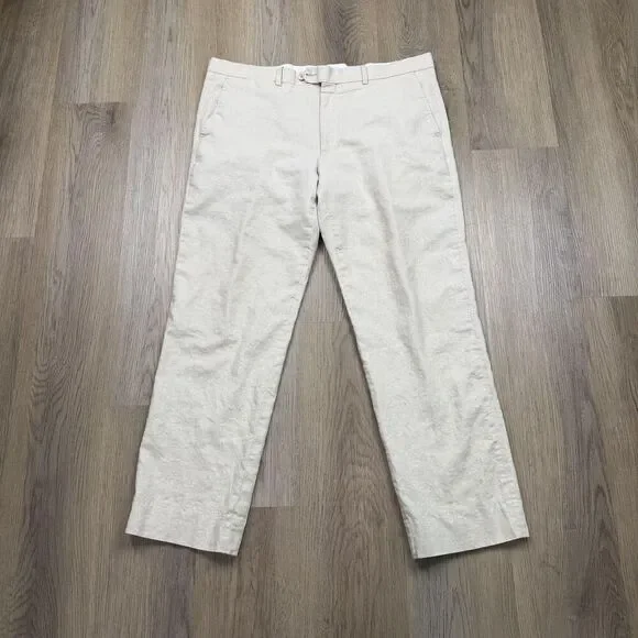 Brioni Dress Pants Mens 38 Beige Linen Flat Front Belted Straight Leg Italy