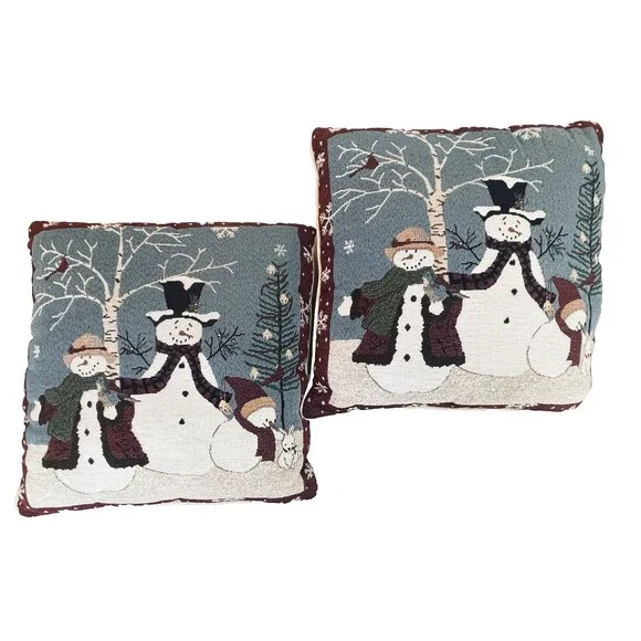 VTG Snowman Tapestry Throw Pillows 16x16 Lot of 2 Winter Christmas Holiday Decor