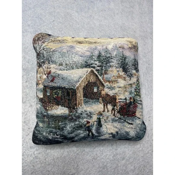 Nicky Boehme Winter Tapestry Throw Pillow snow Bridge Sleigh Scene‎