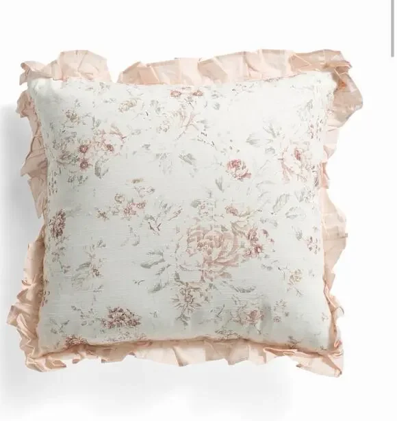 New! Magaschoni Ruffled Pink Floral Cottagecore Home Throw Pillow 20”x20”