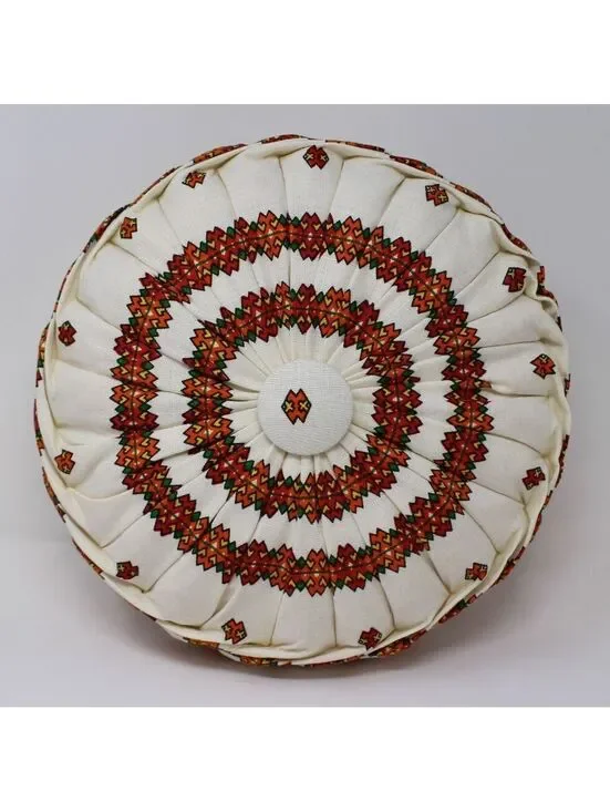 Vintage Round Pleated Throw Pillow Folk Art Embroidery Design Boho Cottagecore