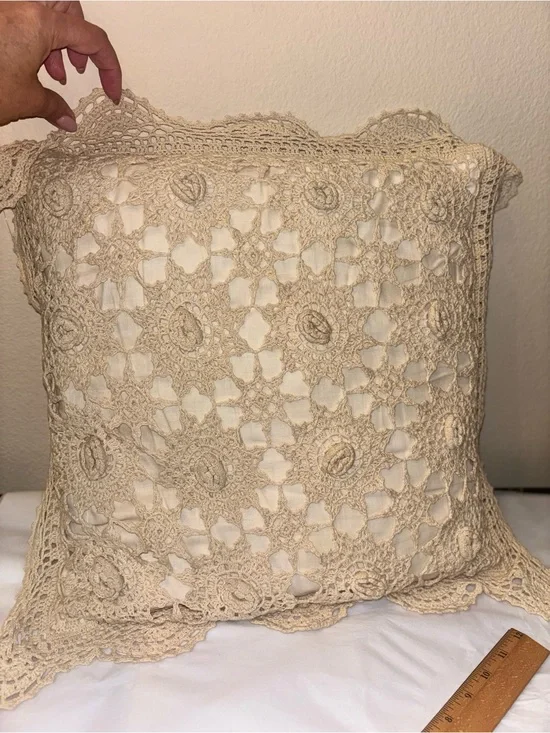 3 Handmade Crochet Throw Pillow 3D Flower Ecru Lace Cottagecore Cushion