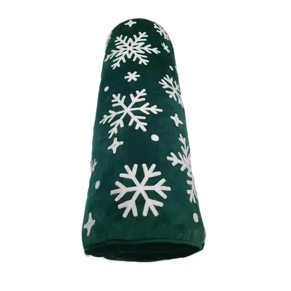 Christmas Winter Bolster Pillow Green Velvety W/Snow Flakes  24