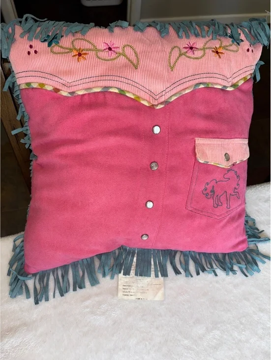 Pink Western Cowboy Shirt Decorative Pillow Horse Fringe Cowgirl Decor 14”