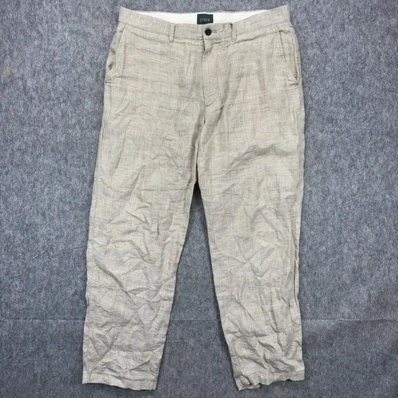 J Crew Oarsman Linen Pants Men's 34x30 Glen Plaid Tan Lightweight