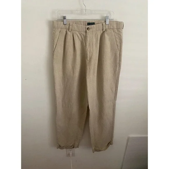Dockers Premium Mens 34x30 Linen Cotton Blend Pleated Relaxed‎ Fit Pants Khaki