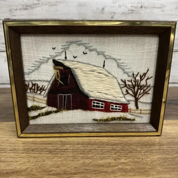 Vintage Needlepoint Cross Stitch winter Red Barn Farm Crossstitch Crewel 8x6