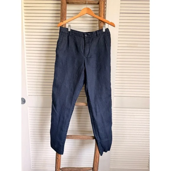 Zara 100% Linen Tapered Pants Medium Navy Blue