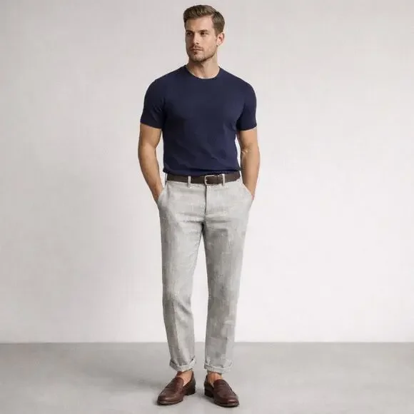 SuitSupply Brescia Linen Pants Men's‎ Cuffed Coastal Dress Trousers Gray Size 32