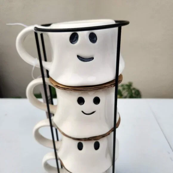 NEW Ceramic Ghost Mugs Mug Set of 4 Stacking Stackable White Marshmallow Stonewa