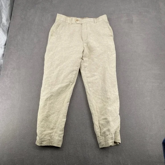 Mens Beige Linen Tapered Trousers Flat Front Casual Dress Pants Oatmeal 30x26