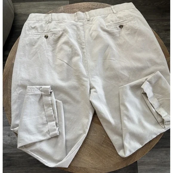 Men's 46x 32 Linen Cotton Pleated Dress Pants Beige Cuffed Irvine Park