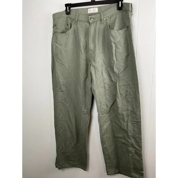 GAP 90s Loose Linen Blend Herringbone Pants Mens 38x32 Sage Green Relaxed Fit
