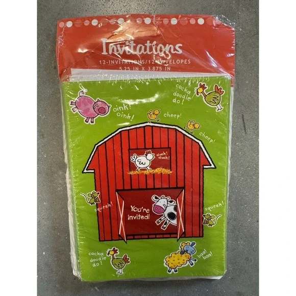 New 12‎ Count Farm Animal Barn Invitations Kids Birthday Party Cards Sealed