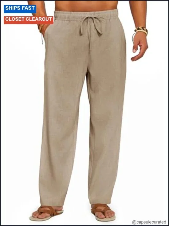 Mens Casual Linen Pants Elastic Waist Drawstring Lightweight Loose Fit Yoga