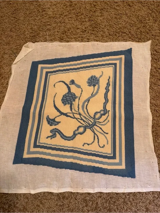 Vintage Completed Needlepoint Canvas Art Nouveau Blue Floral Botanical Large