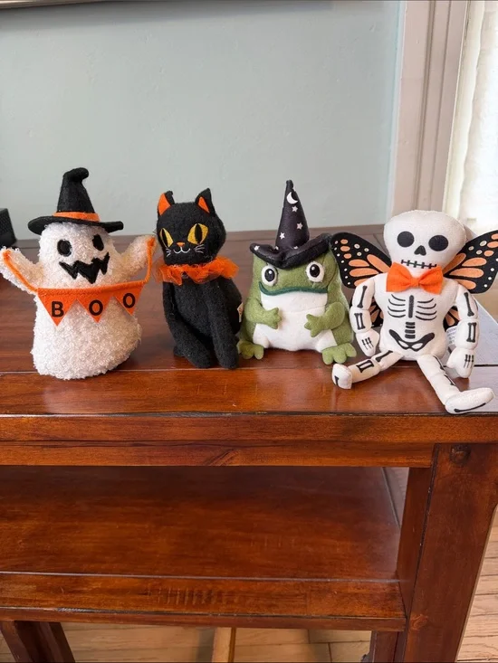 Full set of Halloween figures - ghost, black cat, frog, and skeleton