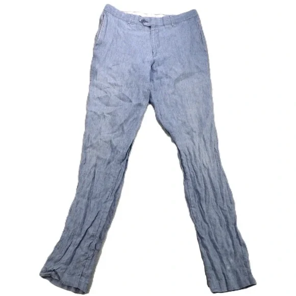 Nordstrom 100% Linen Flat Front Pants Men W35 Blue Chambray Casual Summer 2018