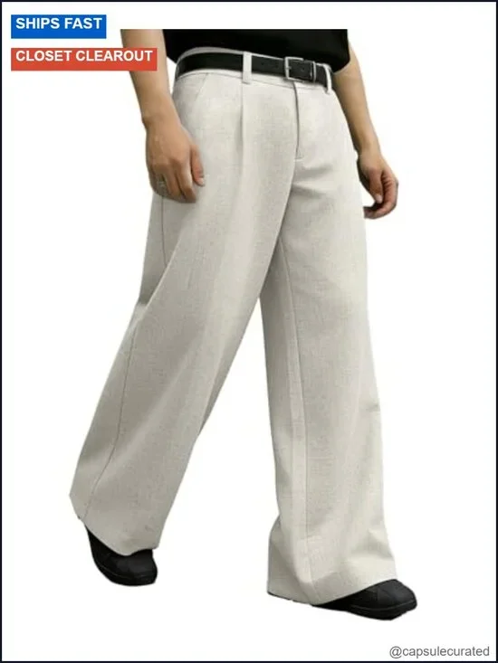 Mens Baggy Linen Pants Wide Leg Pleated Dress Slacks Casual Loose Fit Y2k
