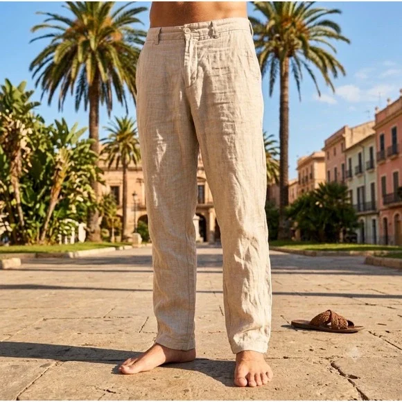 Porter & Ash 100% Linen Trousers Mens 30x30 Beige Casual Beach Summer Pants